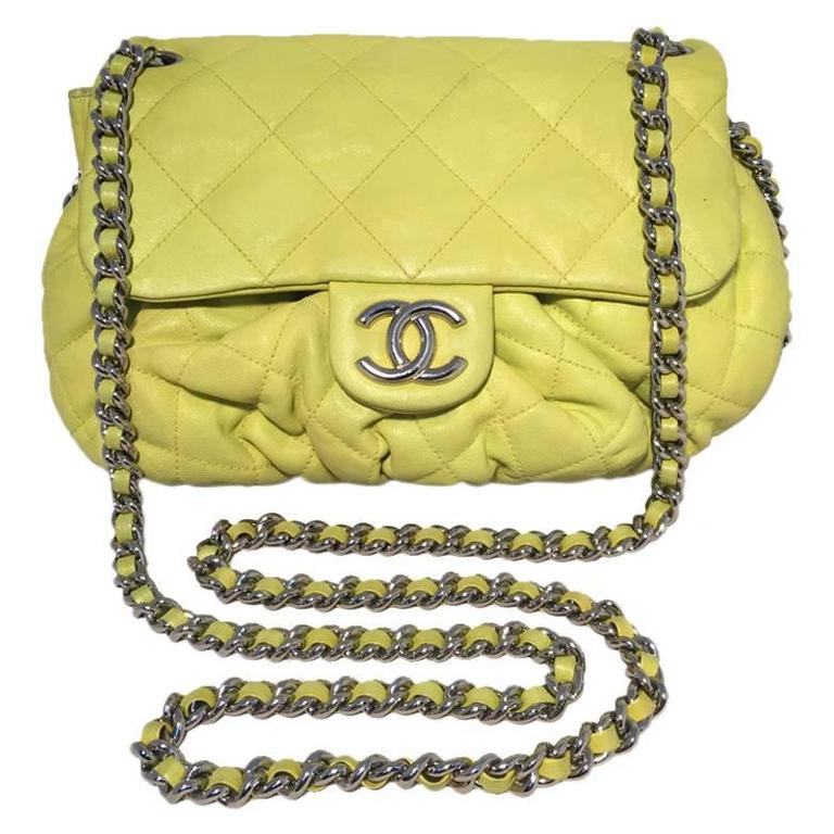 Chanel Neon Yellow Leather Chain Trim Classic Shoulder Bag For Sale at