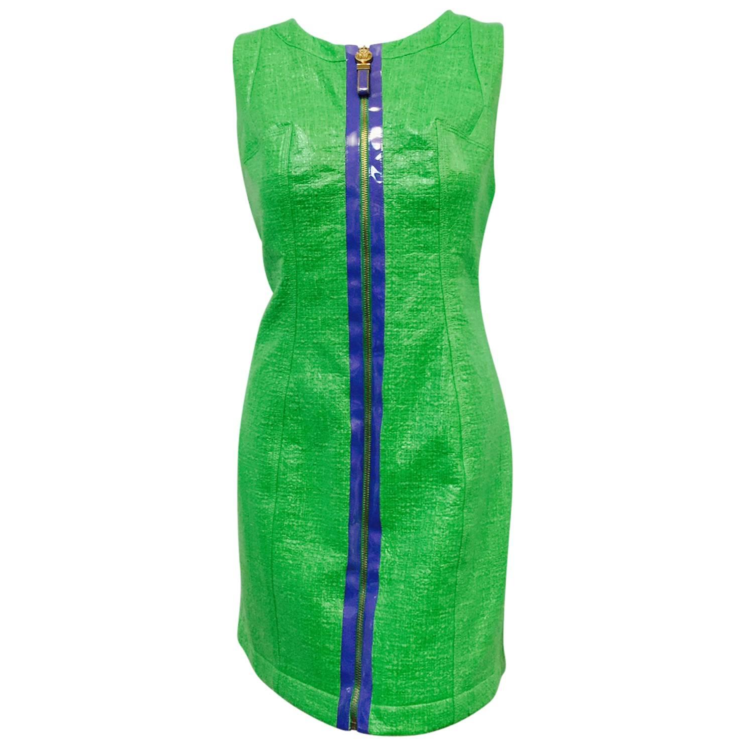 New Versace Neon Green Cotton Blend  Sheath w. Edgy Polyurethane Finish