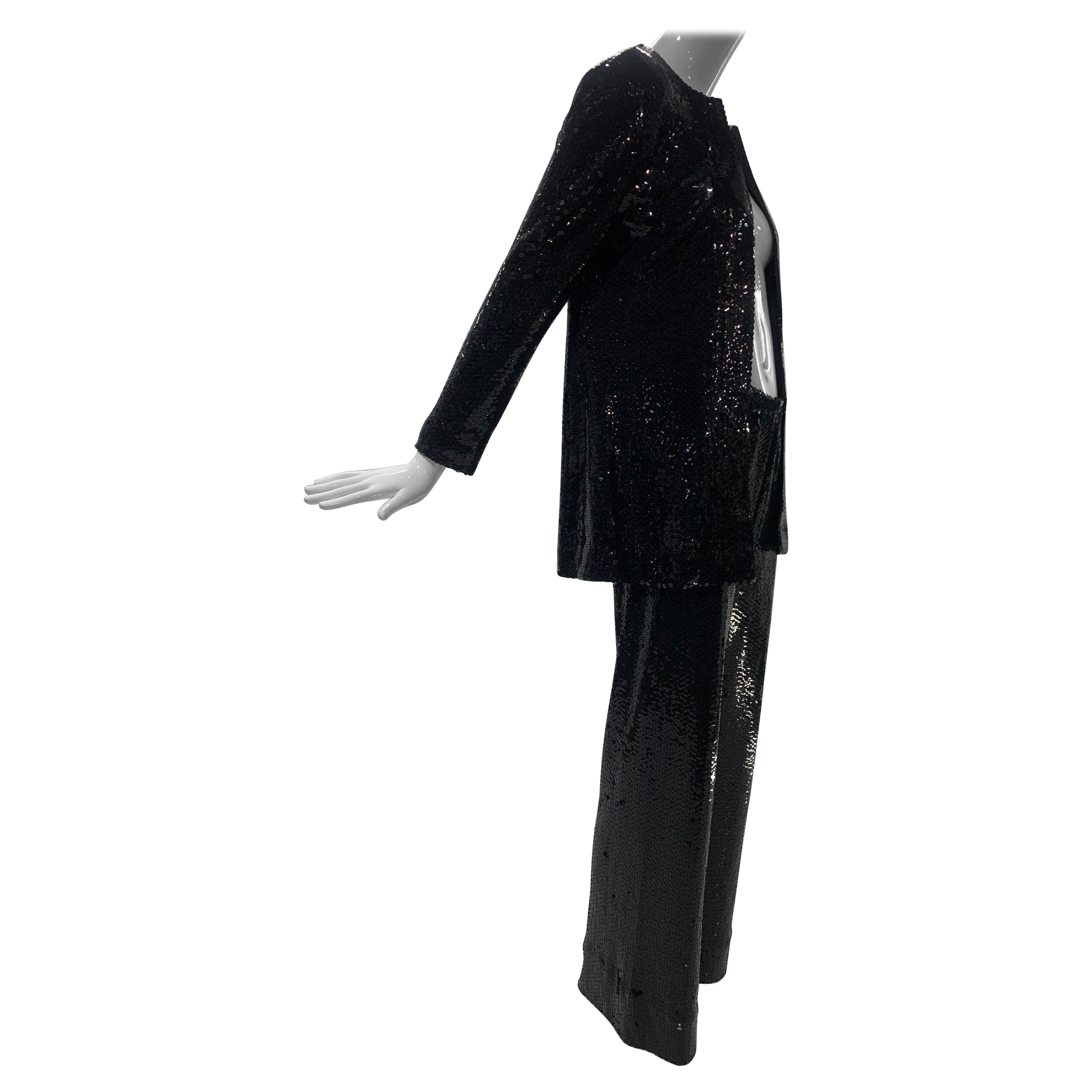 1970s Halston Black Sequin Pant Suit On Matte Jersey "Liza Minnelli" Style For Sale