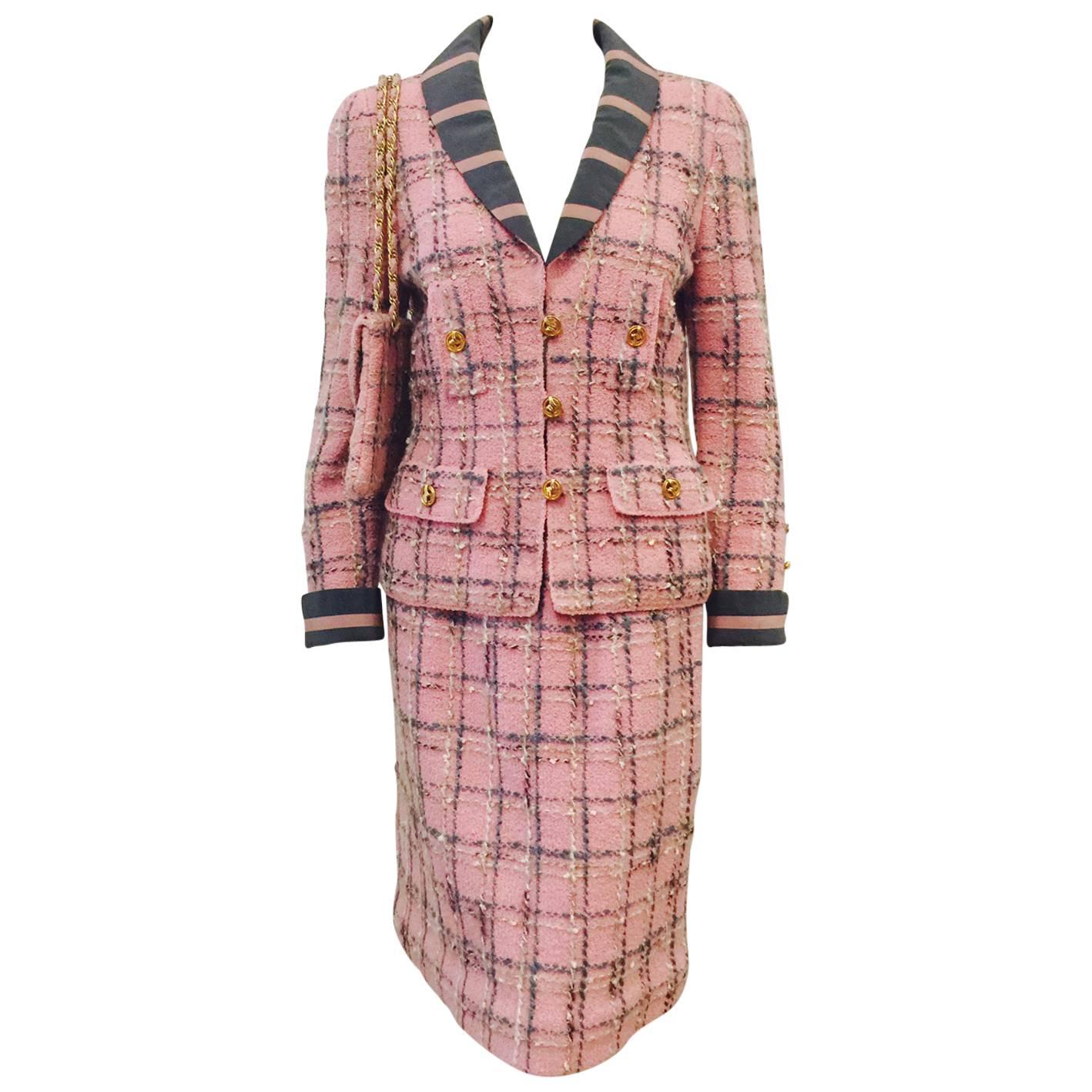 Vintage Adolfo Flamingo Pink Wool Boucle Skirt Suit w. Matching Shoulder Bag