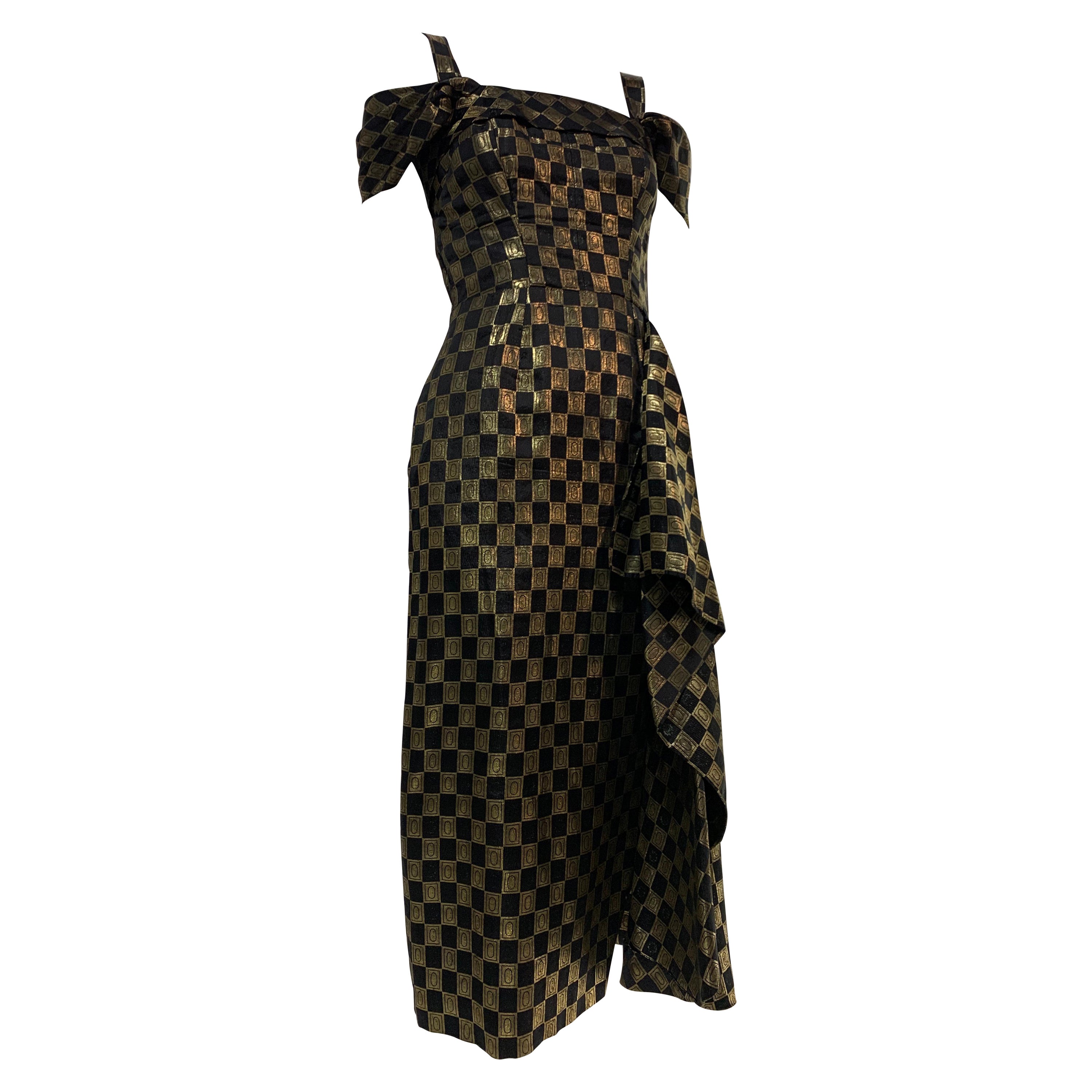 1940s Curtis Black and Gold Lame Checked Brocade Evening Dress w/ Side Drape