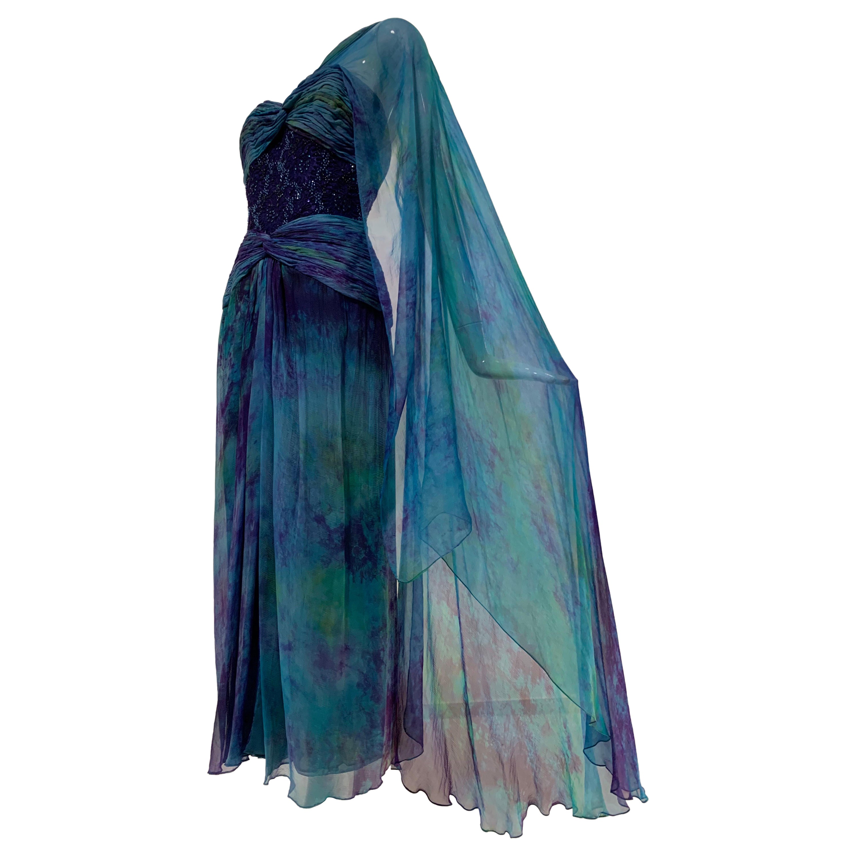 1990s Michael Casey Couture Silk Chiffon Tie-Dyed & Beaded Goddess Gown Archival For Sale