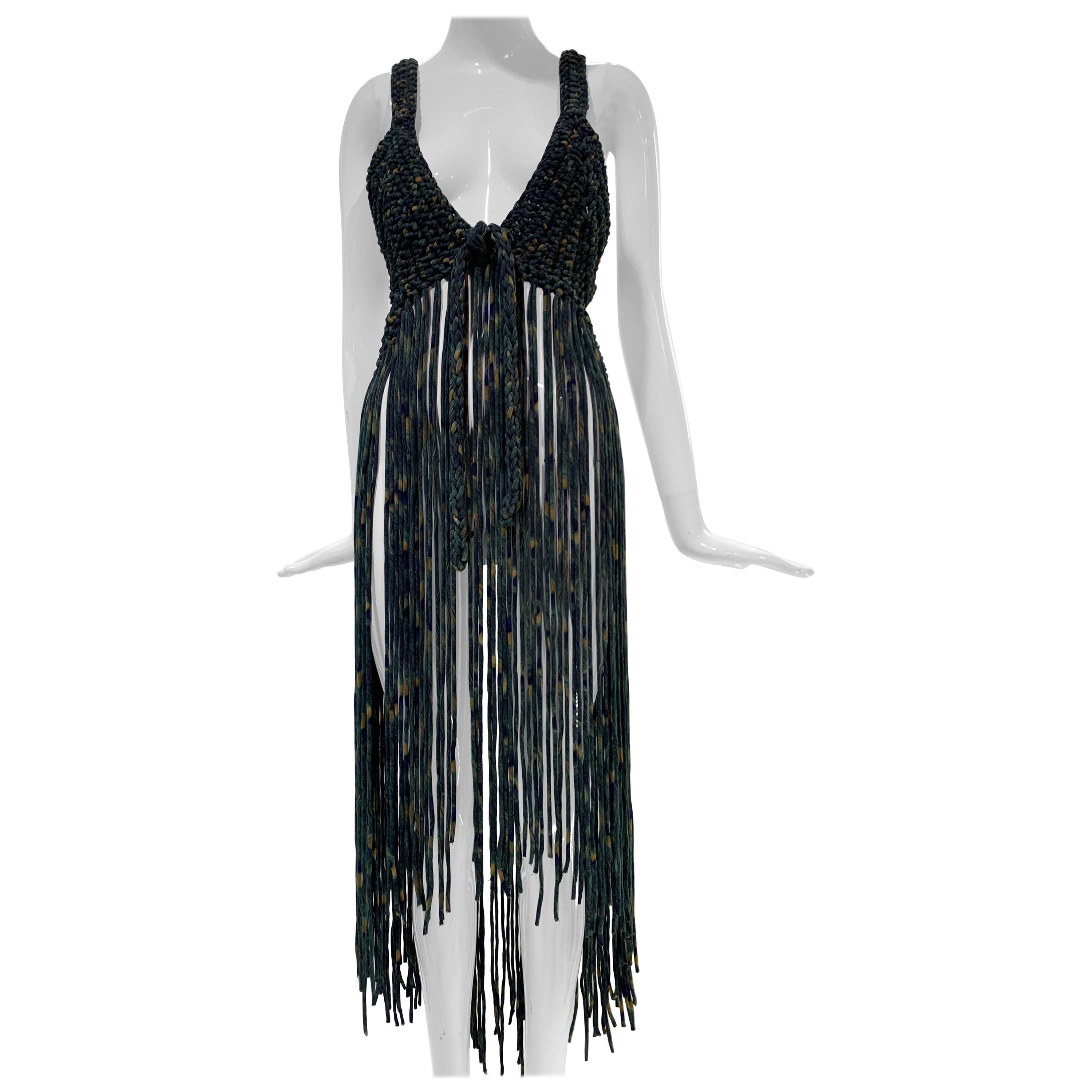 Torso Creations Hand-Macrame Halter Swimsuit Coverup w/ Heavy Fringe & Front Tie For Sale