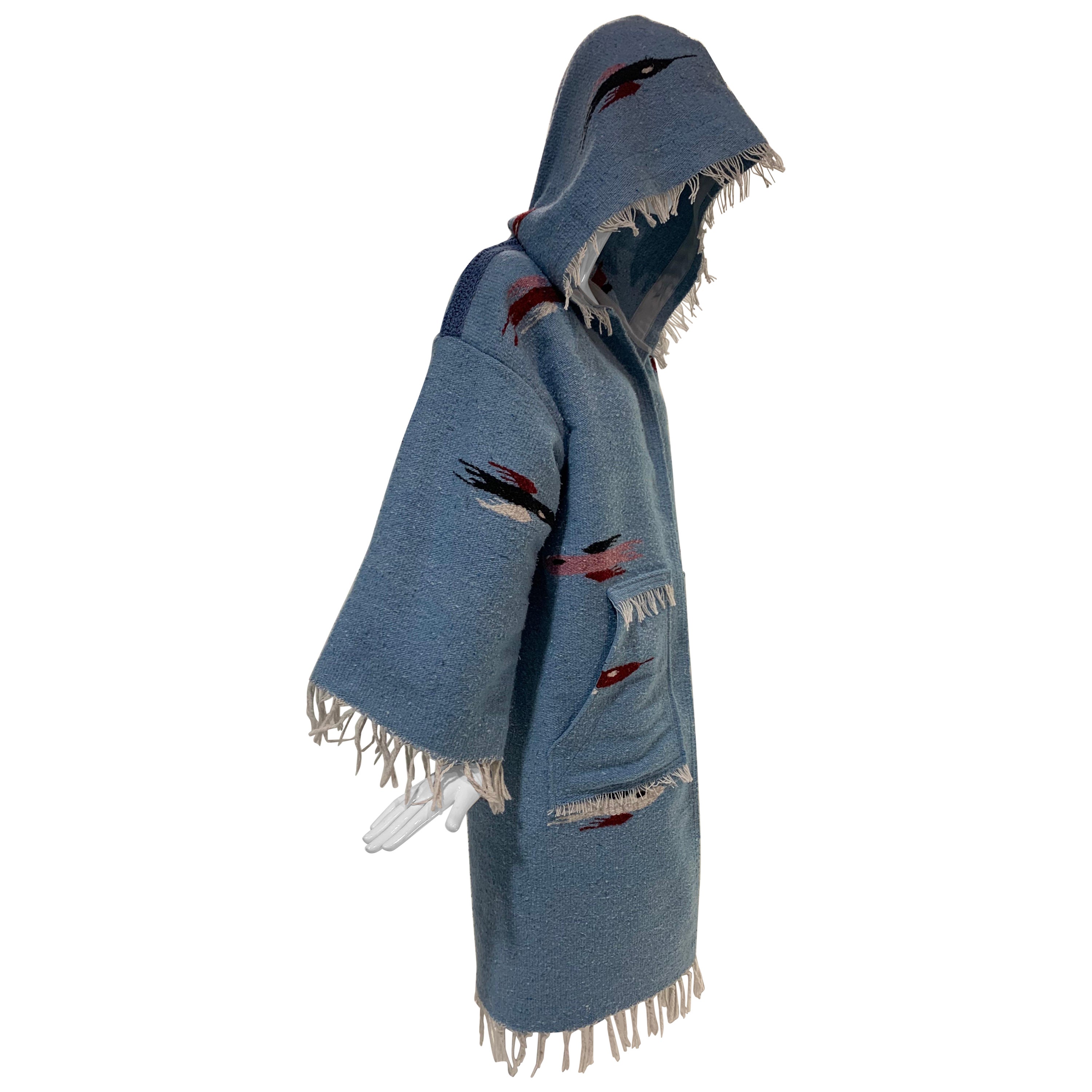 Torso Creations Southwest-Style Hand-Woven Pale Blue Blanket Coat w/ Hood  For Sale