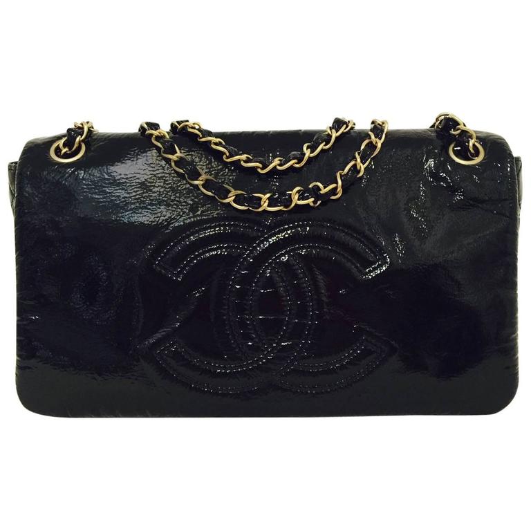 Chanel Black Patent Leather Flap Bag w. Double Chain Straps Serial