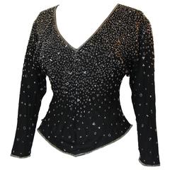 70s Halston Black Silk Blouse Beaded Evening Dolman Sleeves Montaldo's Size M 3