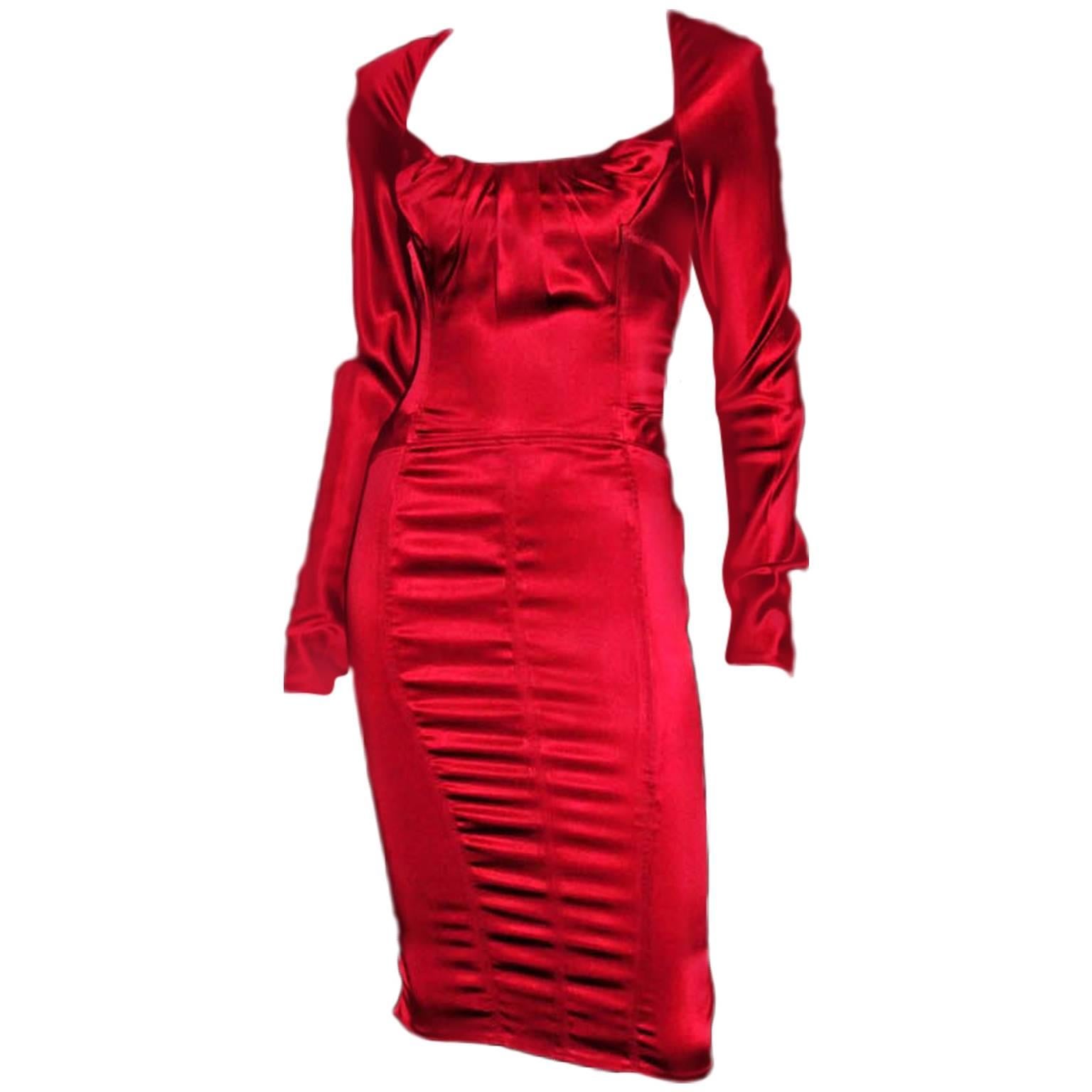 Uber Rare & Iconic Tom Ford Gucci FW 2003 Cherry Red Silk Corseted Bustle Dress!