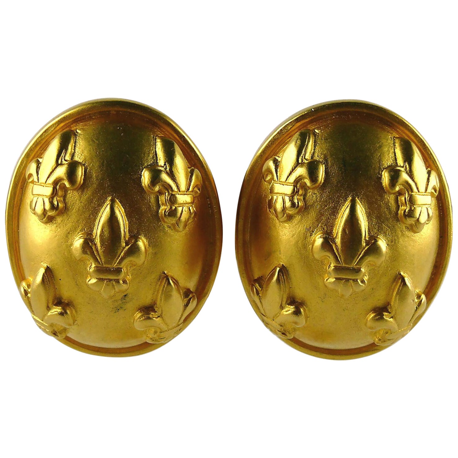 Karl Lagerfeld Vintage Massive Gold Toned Fleur de Lys Clip-On Earrings For Sale