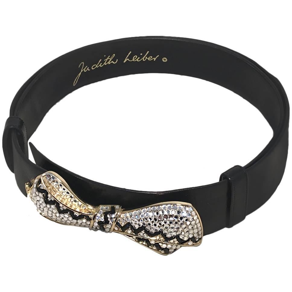 Judith Leiber Vintage Black Leather Belt with Swarovski Crystal Bow