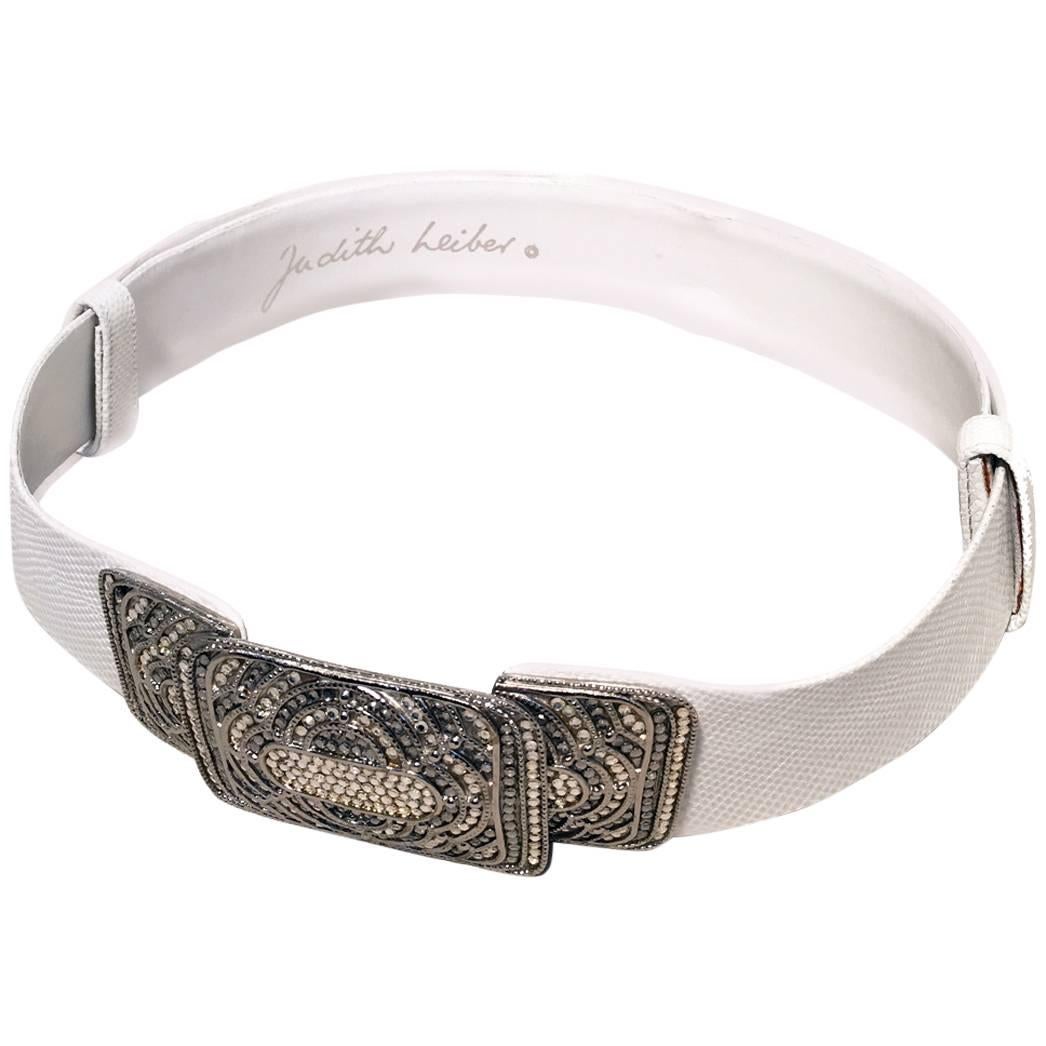 Judith Leiber Vintage White Leather Silver Rhinestone Buckle Belt
