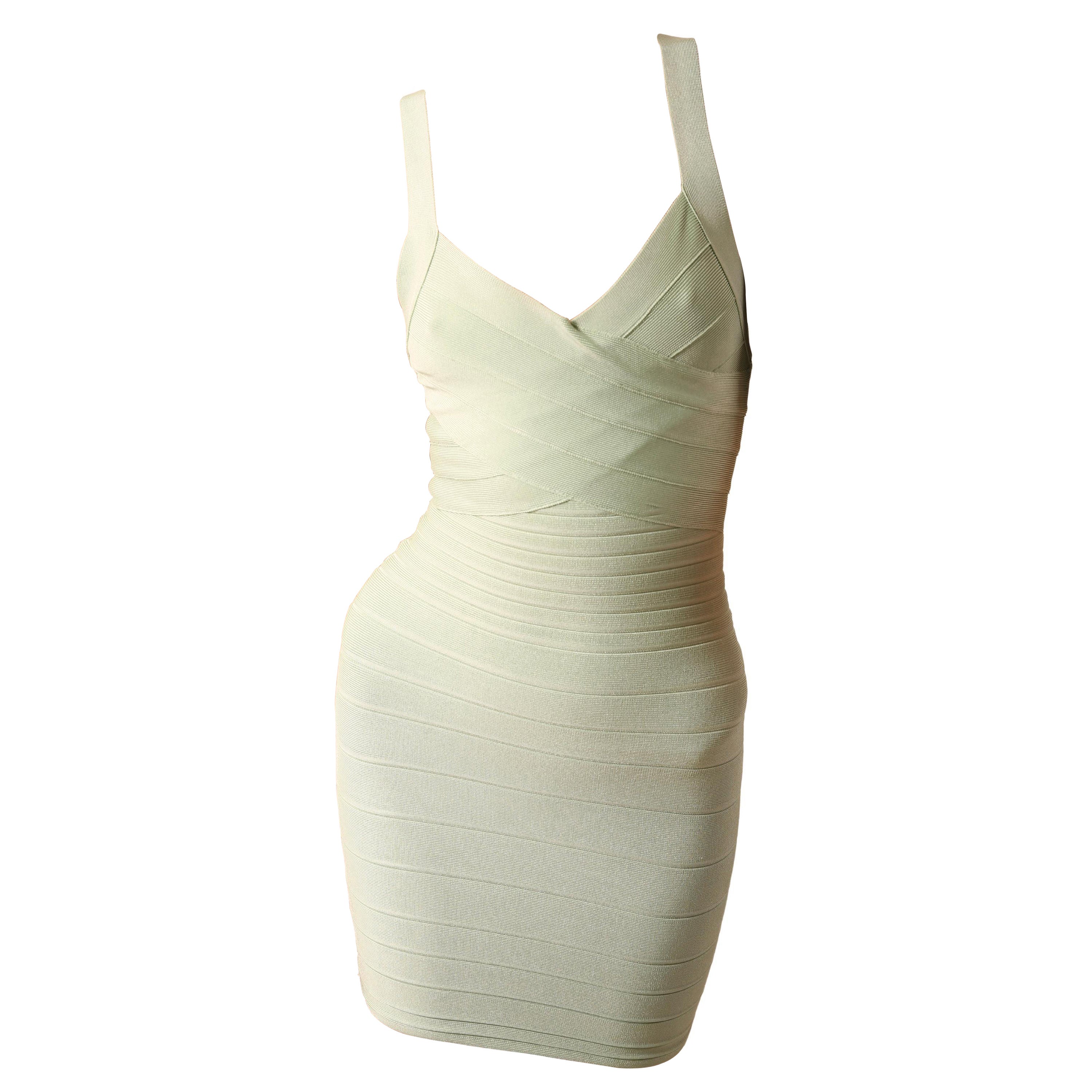 Herve Leger mint green bandage body con low cut cross over backless mini dress
