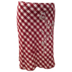 Moschino Skirt - Red and White Table Cloth Pattern with Floral Applique