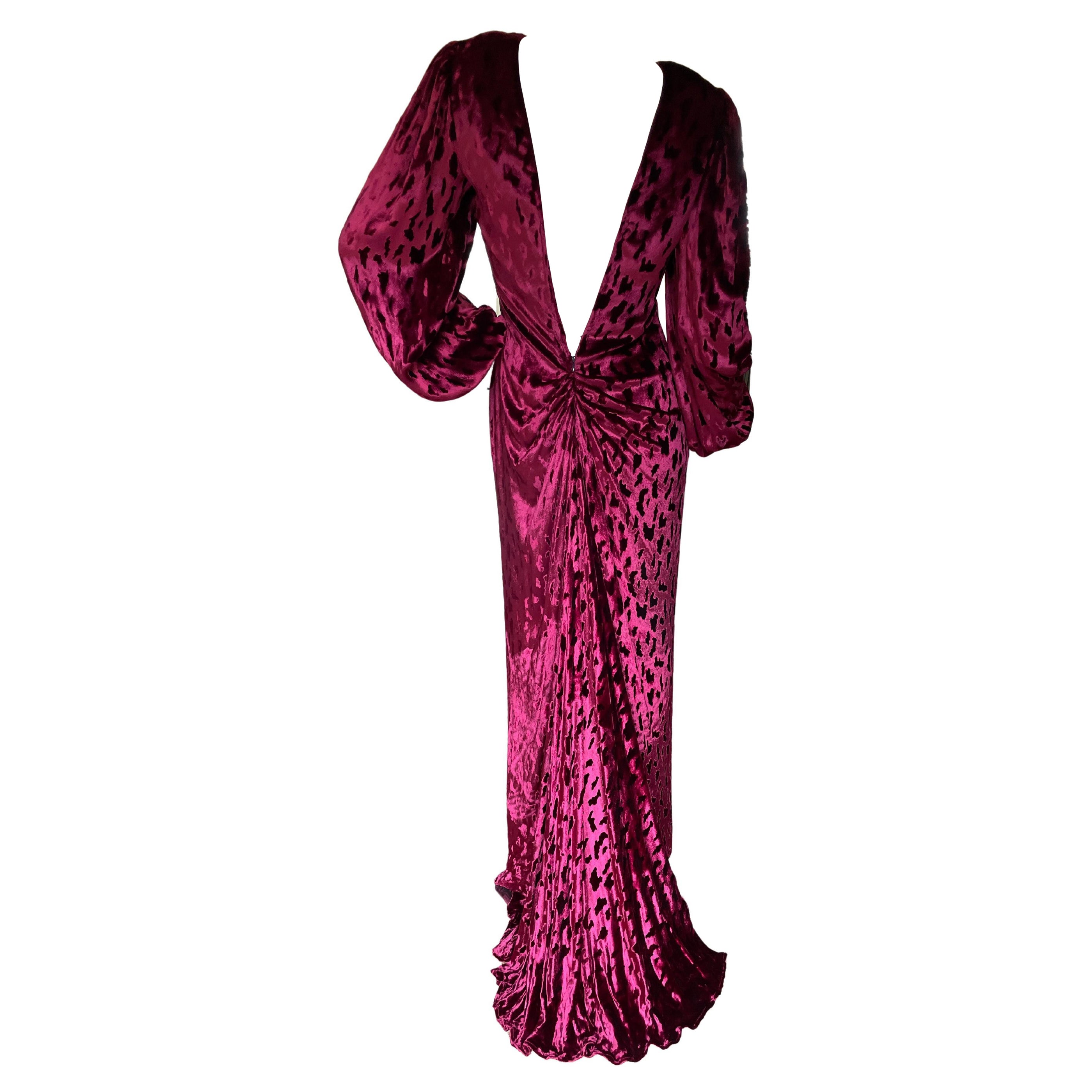 Oscar de la Renta Vintage Red Silk Velvet Mermaid Dress w Plunging Fishtail Back