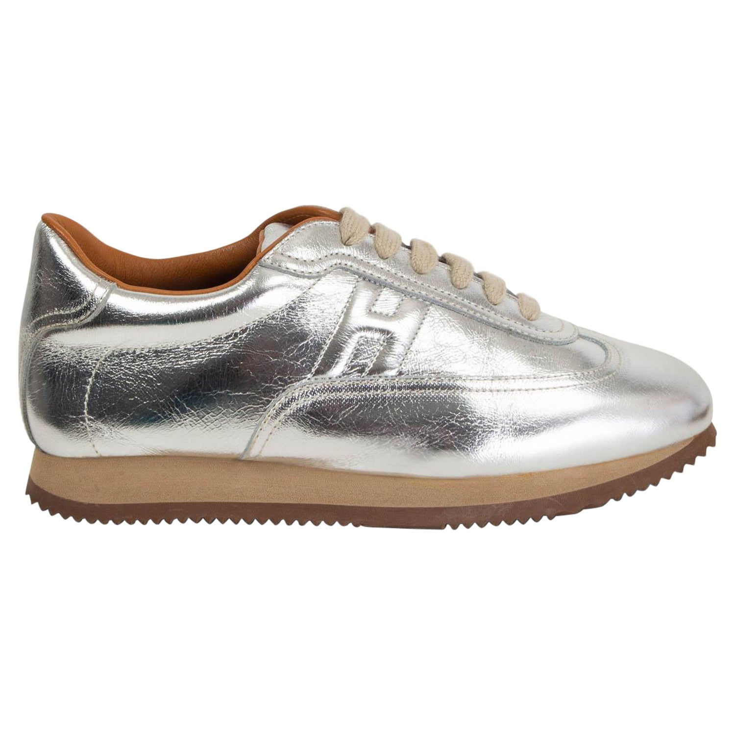 HERMES metallic silver leather QUICK Sneakers Shoes 38.5 For Sale at 1stDibs