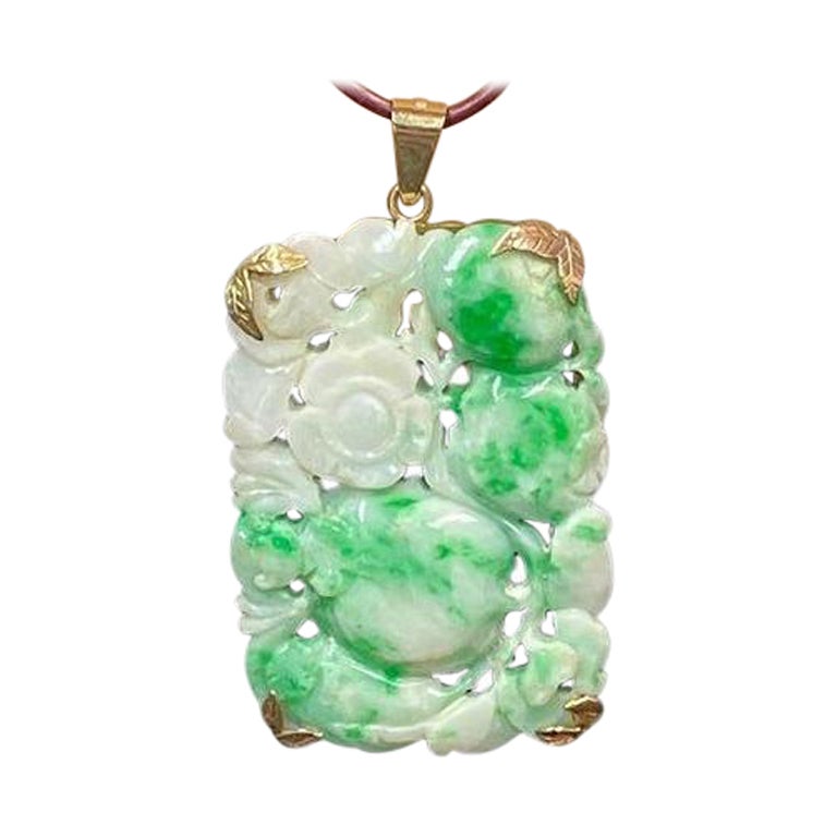 Mid Century Modern Carved Jade Gold Pendant Necklace For Sale