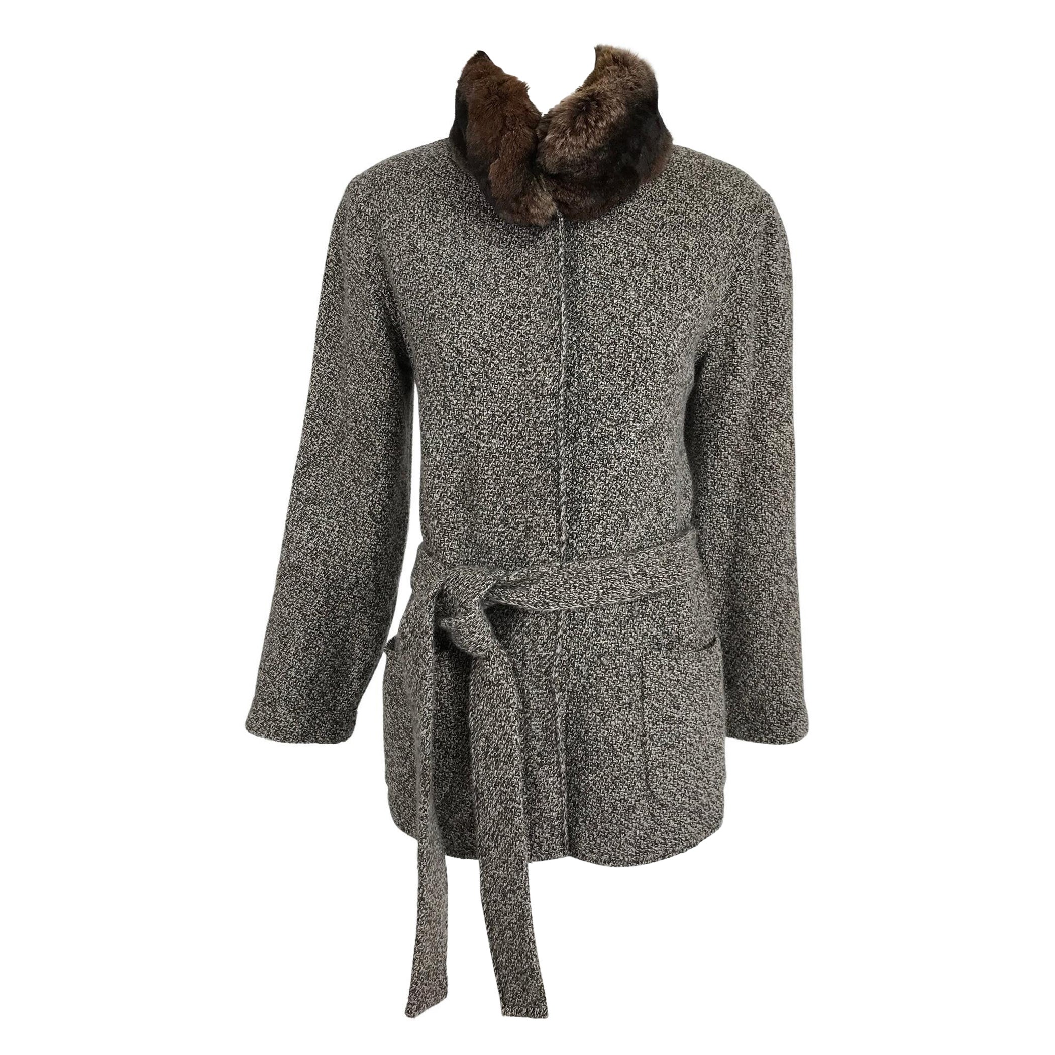 Loro Piana Cashmere Tweed Belted Sweater Jacket with a Chinchilla Collar