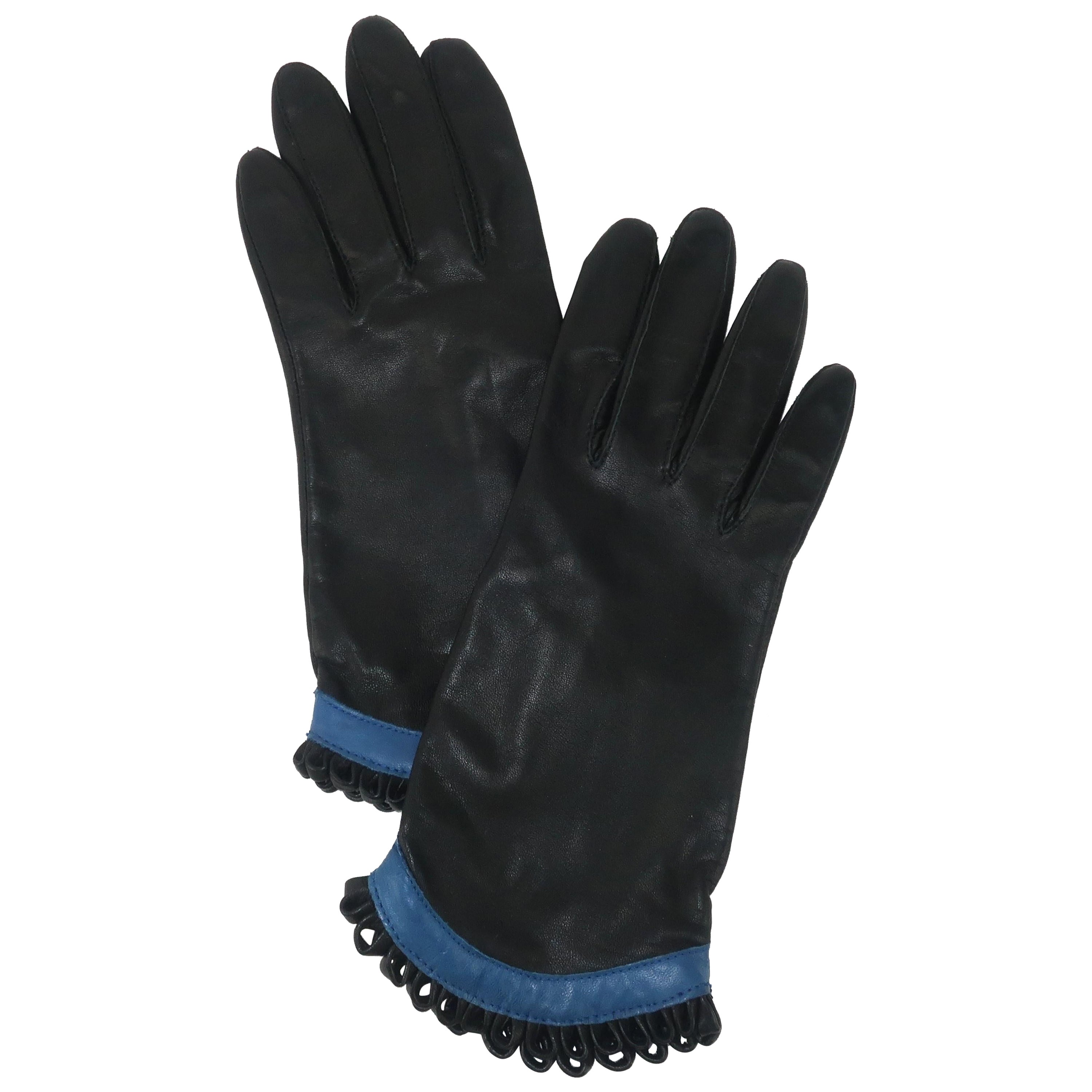 Black & Blue Leather Gloves With Looped Fringe Cuffs