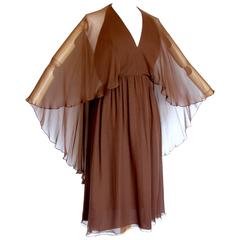 70s Halston Silk Halter Dress with Angel Sleeve Shawl Size 8 4
