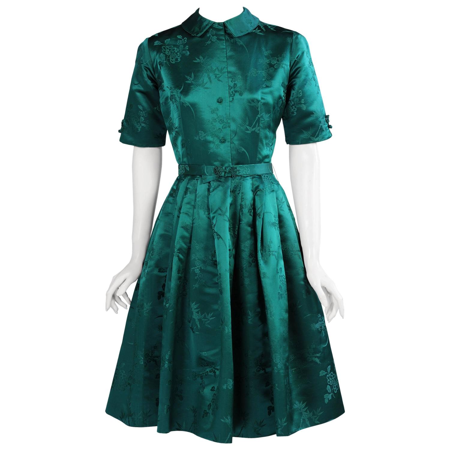 1950's Saks Fifth Avenue Emerald Green Silk Dress For Sale at 1stdibs
