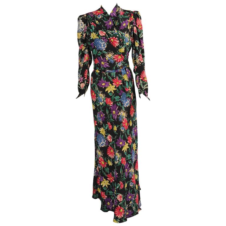 1930's Floral Print Silk Dress and Sleeveless Jacket, Larger Size at ...
