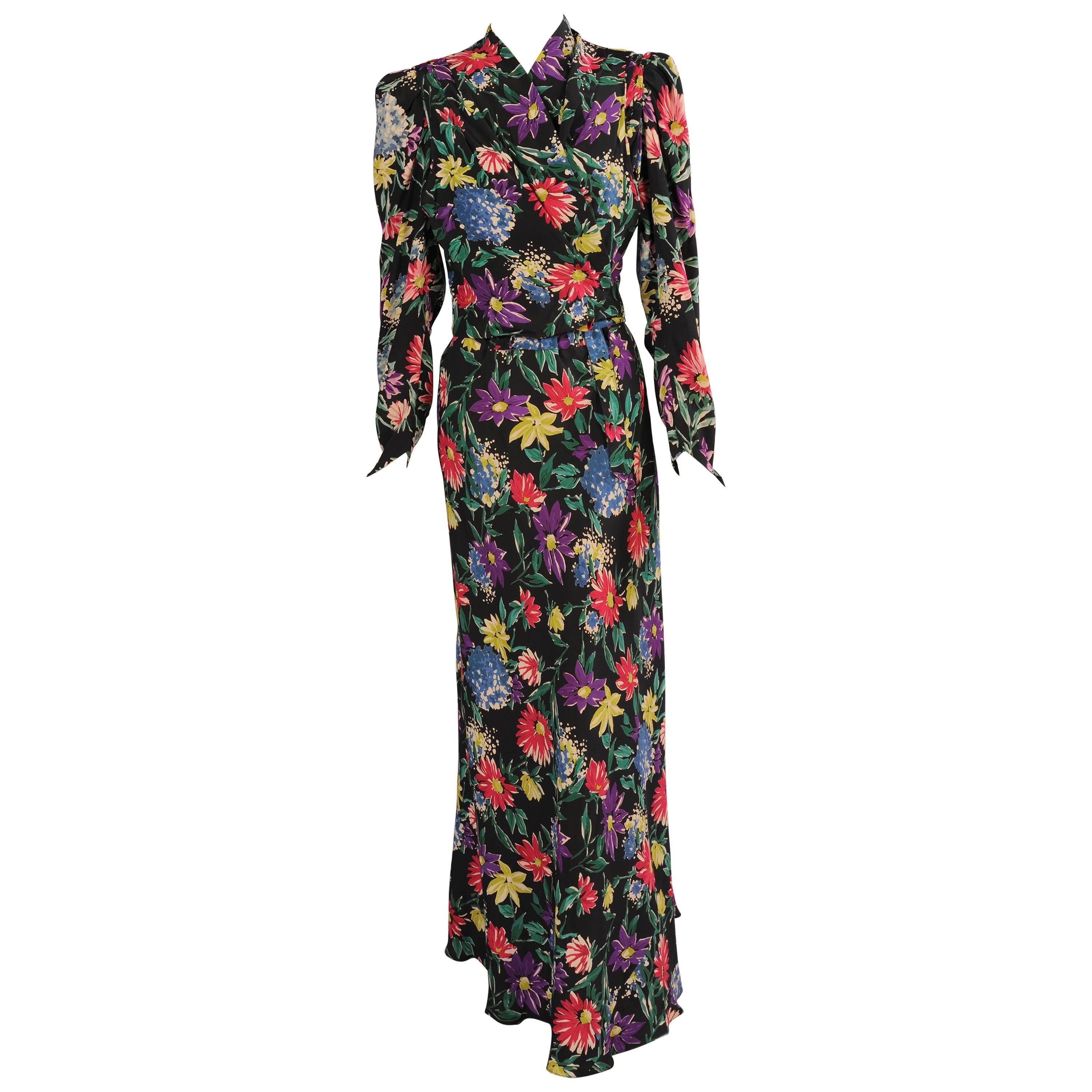 1930's Floral Print Silk Dress & Sleeveless Jacket, Larger Size