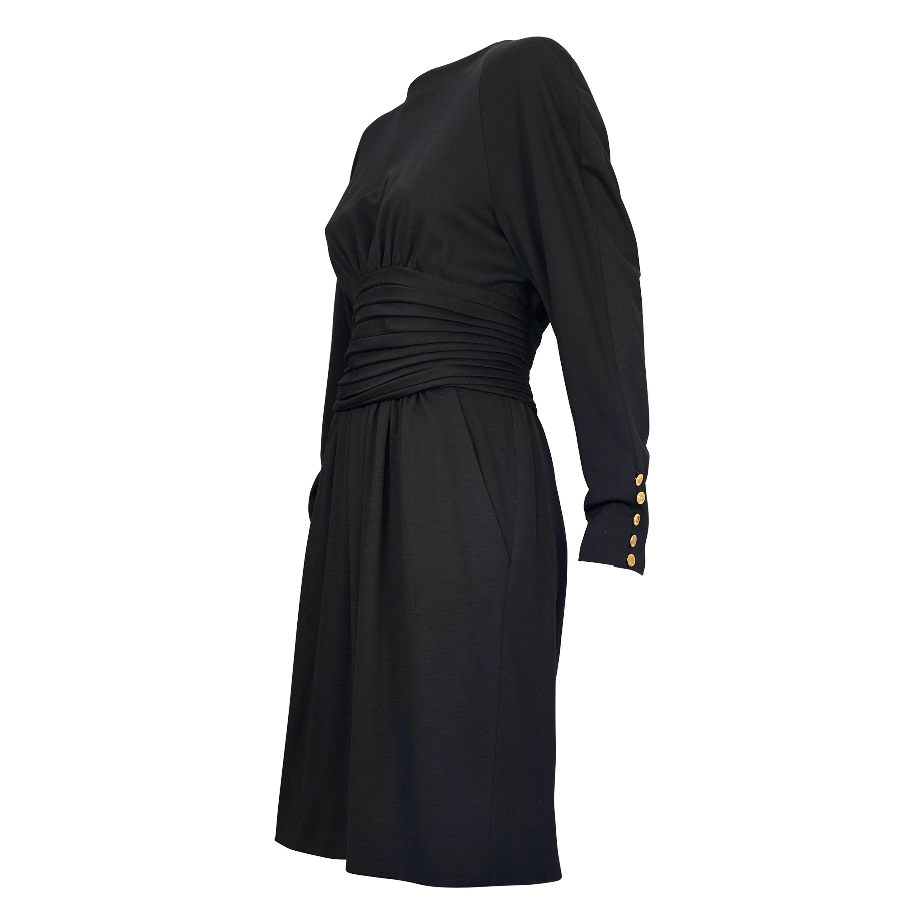 Vintage CHANEL BOUTIQUE Cummerbund Button Down Wool Silk Black Dress For Sale