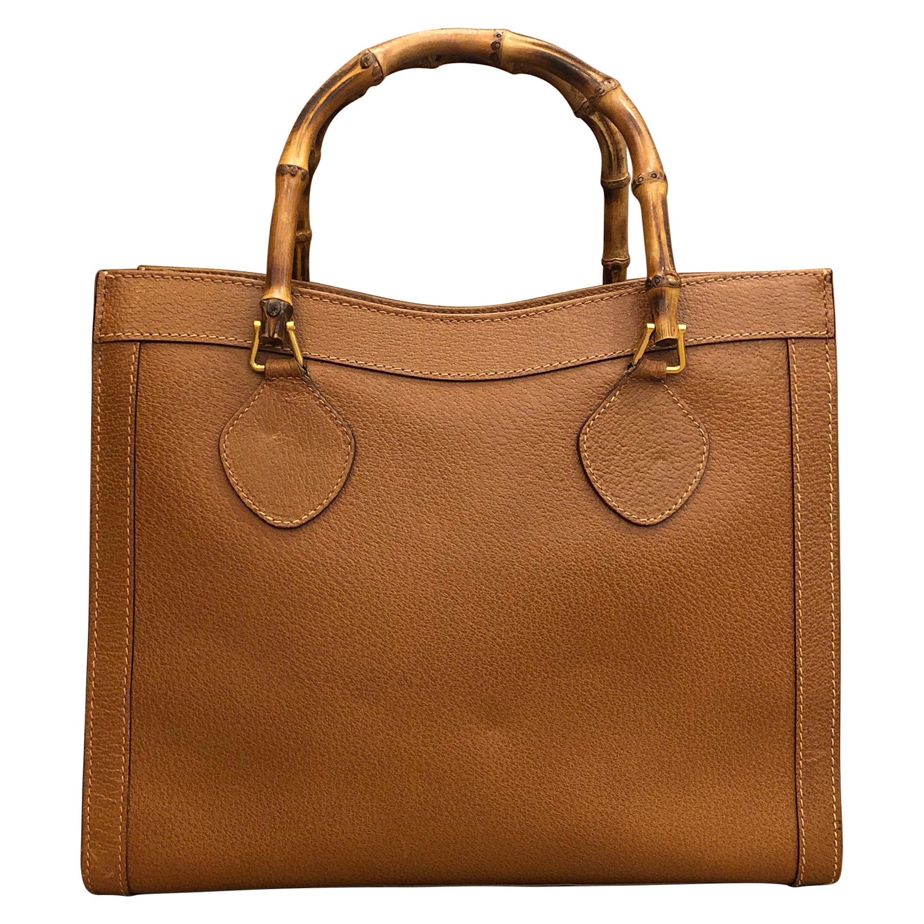 1990s Vintage GUCCI Brown Leather Bamboo Tote Diana Tote Bag (Medium)