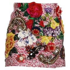 Dolce & Gabbana Pink Multicolor Jacquard Runway Floral Crystal A-Line Mini Skirt