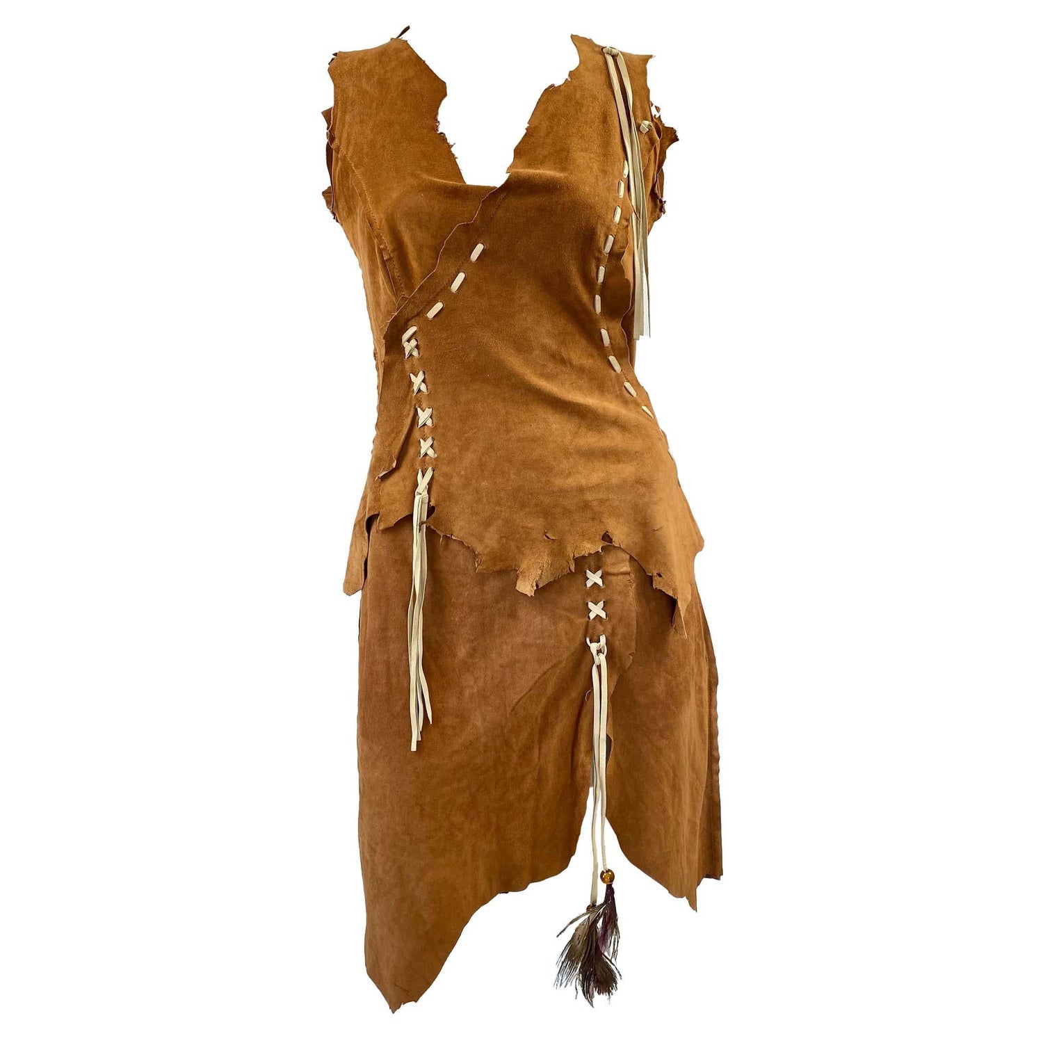 Vintage 1970's Eavis and Brown Patchwork Leather Applique Bohemian Skirt w/  Vest For Sale at 1stDibs