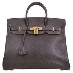 HERMES HAC 32 Brown Chocolat Leather Gold Top Handle Satchel Travel Tote Bag