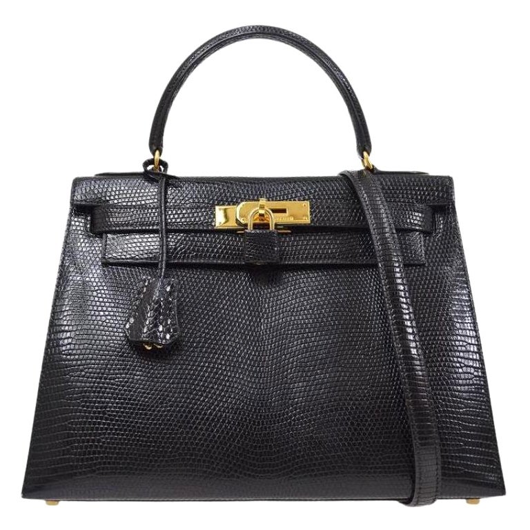 HERMES Kelly 28 Sellier Black Lizard Exotic Gold Top Handle Satchel Shoulder Bag For Sale