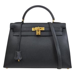 Hermès Sac à main de soirée Kelly 32 Sellier noir et or avec poignée supérieure et bandoulière