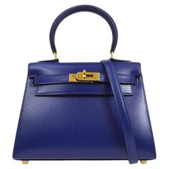 HERMES Kelly Sellier 20 Blue Leather Gold Small Mini Evening Top Handle Bag
