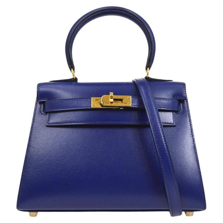 HERMES Kelly Sellier 20 Blue Leather Gold Small Mini Evening Top Handle