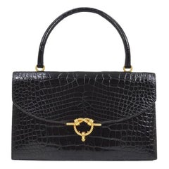 Vintage HERMES Black Alligator Exotic Skin Leather Gold Hardware Top Handle Bag
