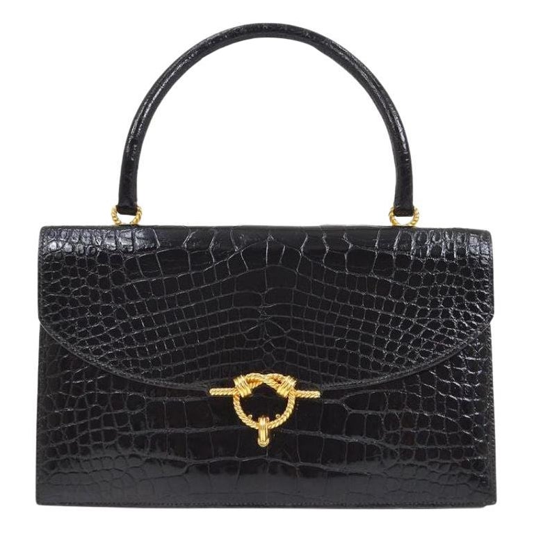 HERMES Black Alligator Exotic Skin Leather Gold Hardware Top Handle Bag For Sale