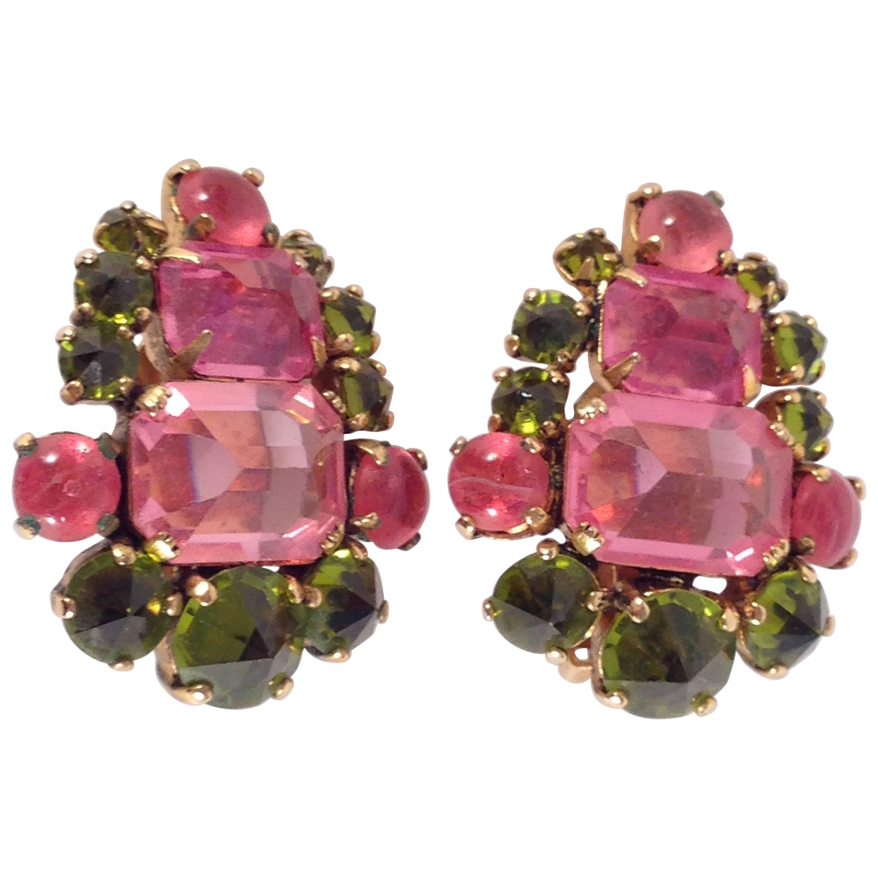 Schreiner 1960s Unsigned Pink and Green Clip On Earrings