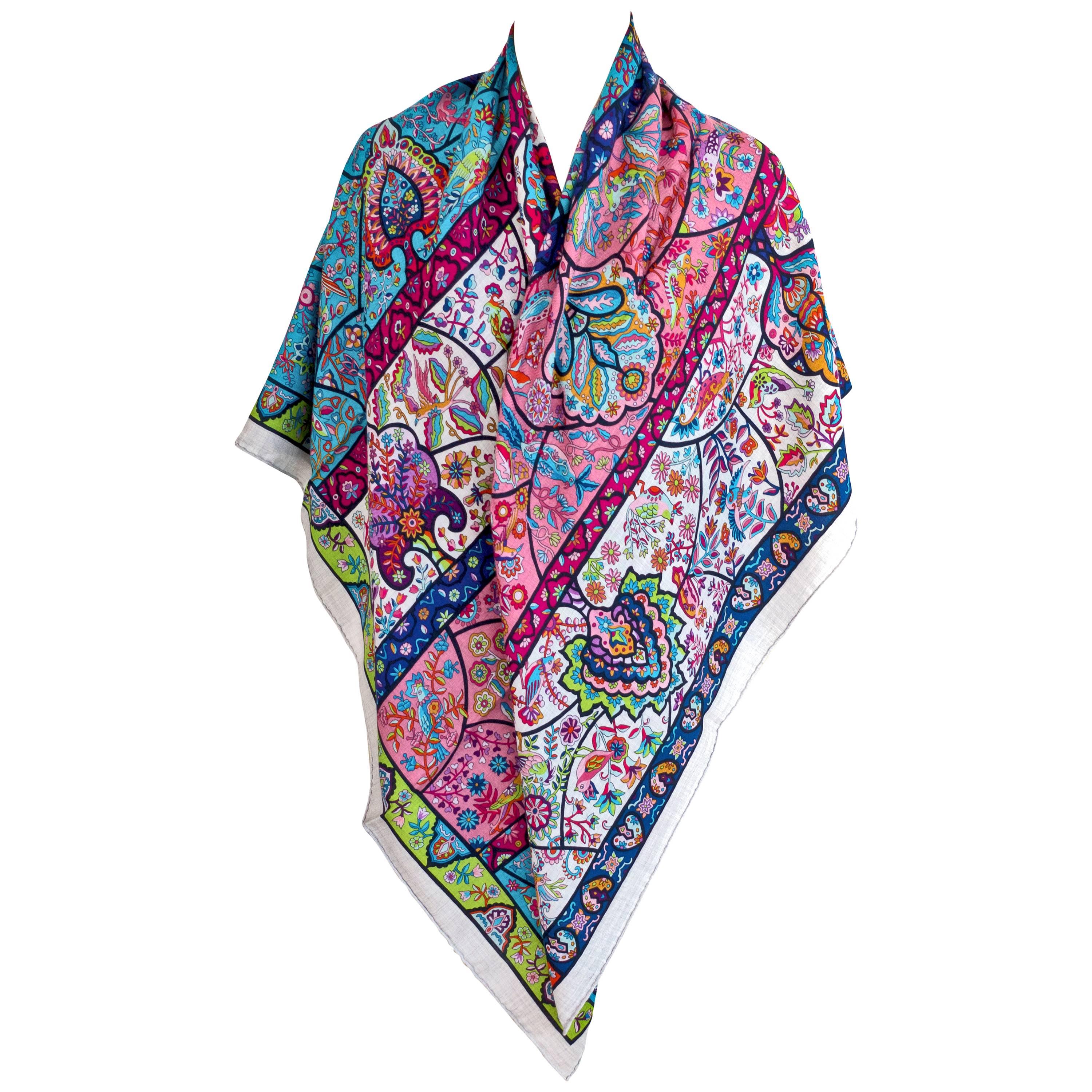 Hermes Au Pays des Oiseaux Fleurs Cashmere Silk Shawl GM Scarf Spring