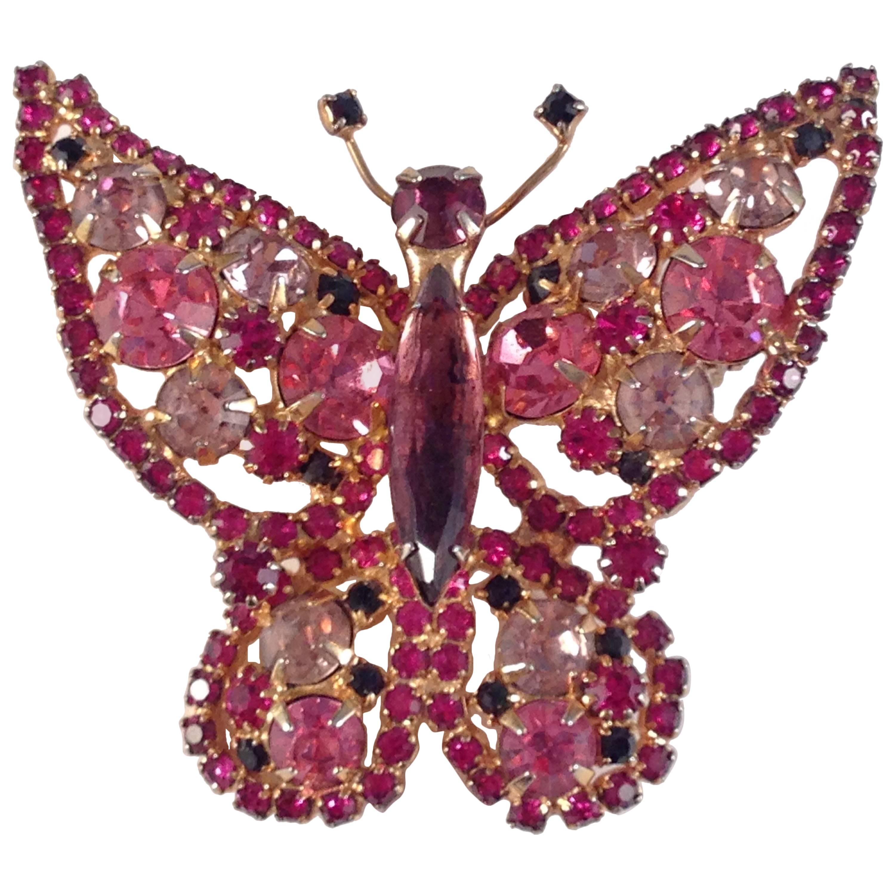 Alice Caviness Pink Rhinestone Butterfly Brooch, 1960s 