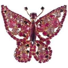 Alice Caviness Pink Rhinestone Butterfly Brooch, 1960s