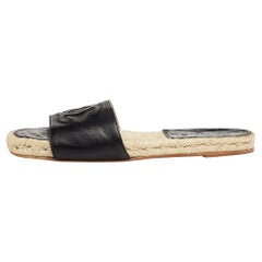 Chanel Black Leather CC Logo Slide Espadrille Flats Size 37