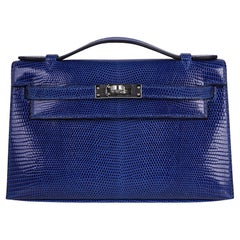 Hermes Kelly Pochette Bag Blue Sapphire Lizard Clutch Palladium Hardware