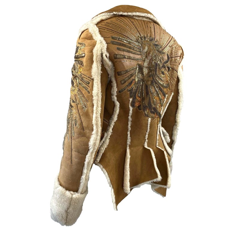 F/W 2004 Roberto Cavalli Shearling Leather Coat Unicorn Sequin Bead Embellished For Sale
