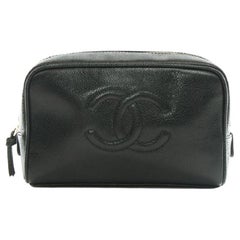 Vintage Chanel Black Caviar Leather Toiletry Case Dopp Cosmetic Pouch Full Set 862158