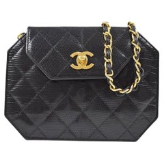 CHANEL Black Lizard Exotic Leather Octagon Gold Evening Shoulder Small Flap Bag