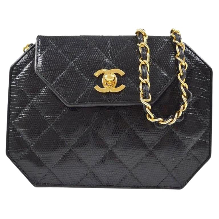 CHANEL Black Lizard Exotic Leather Octagon Gold Evening Shoulder Small Flap Bag For Sale