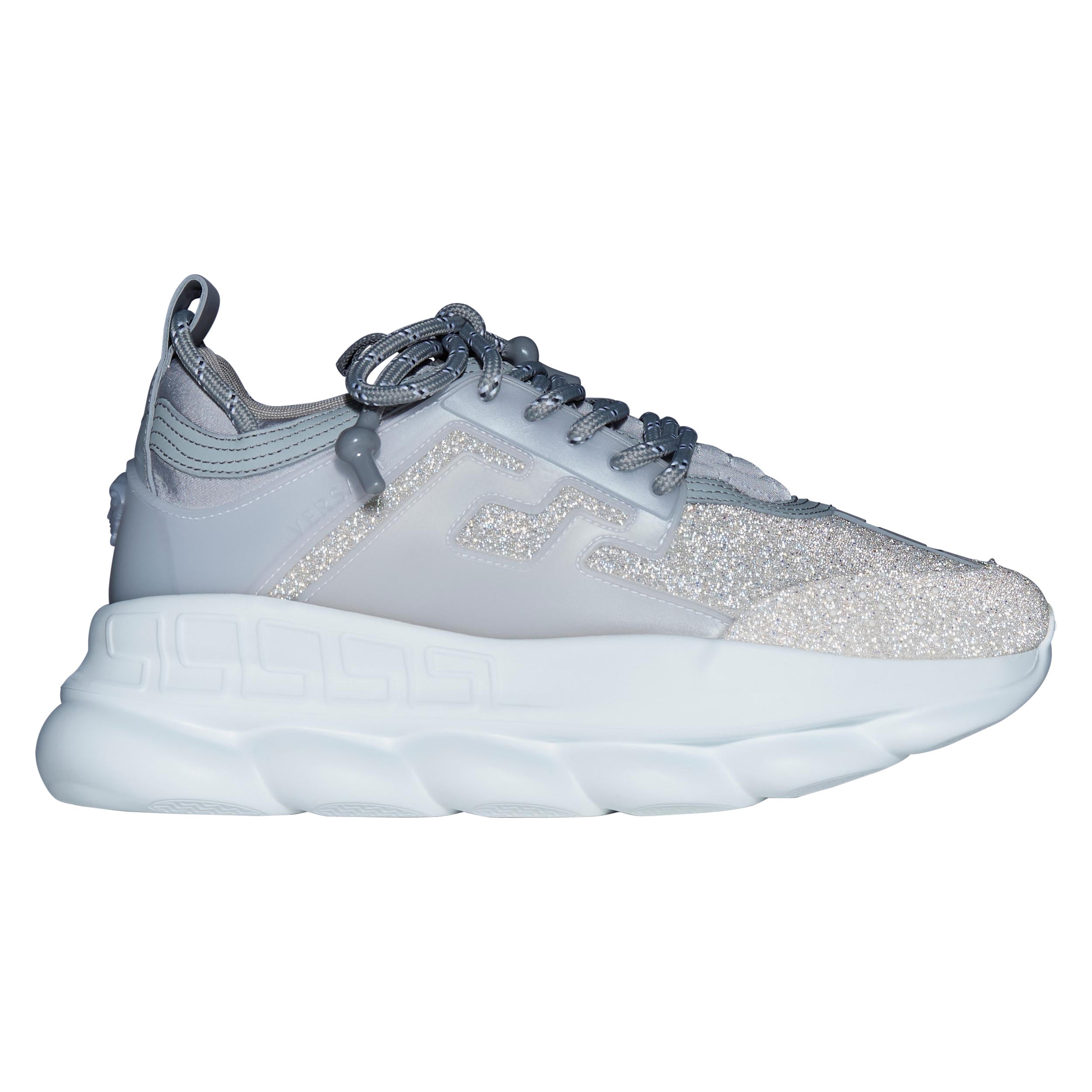 new VERSACE Chain Reaction Reflective Silver Crystal Rhinestone sneaker EU41 US8 For Sale