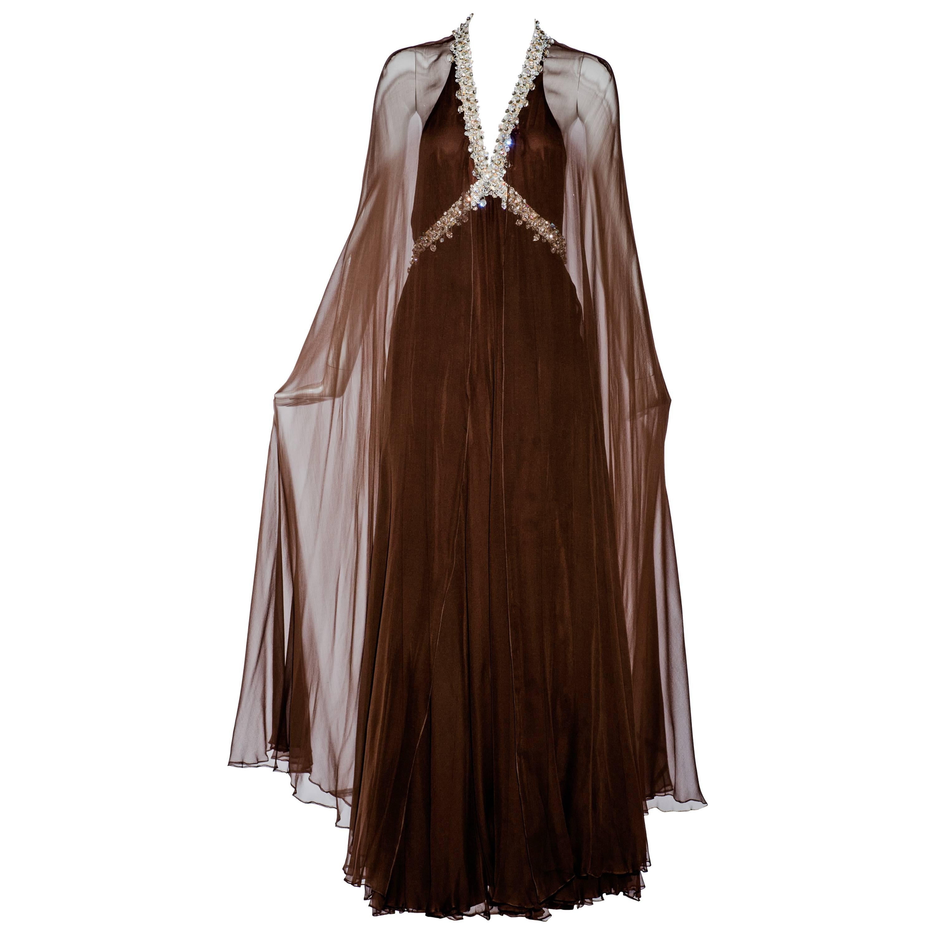 Vintage 1970s brown silk chiffon sheer cape gown with jeweled neckline