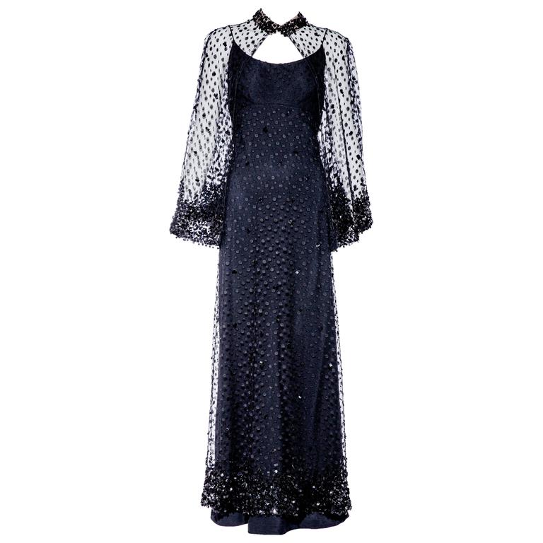 1970s Alfred Bosand black lace gown with capelet at 1stDibs