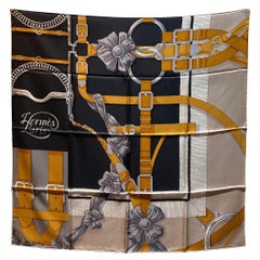 Hermes Grand Manege Detail Silk Scarf in black and tan